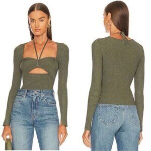 New Simkhai Alexia Marled Ribbed Knit L/S Olivine Multi Halter Tie Top Medium